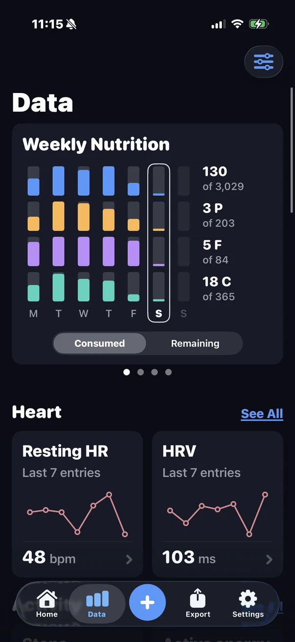 Marrow's Data tab: weekly nutrition by day, resting heart rate and HRV