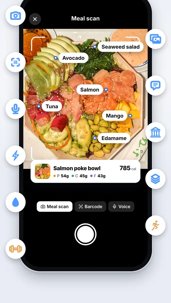 A Marrow meal scan of a salmon poke bowl: avocado, seaweed salad, salmon, tuna, mango and edamame each labelled, 785 calories with 54 g protein, 45 g carbs and 43 g fat