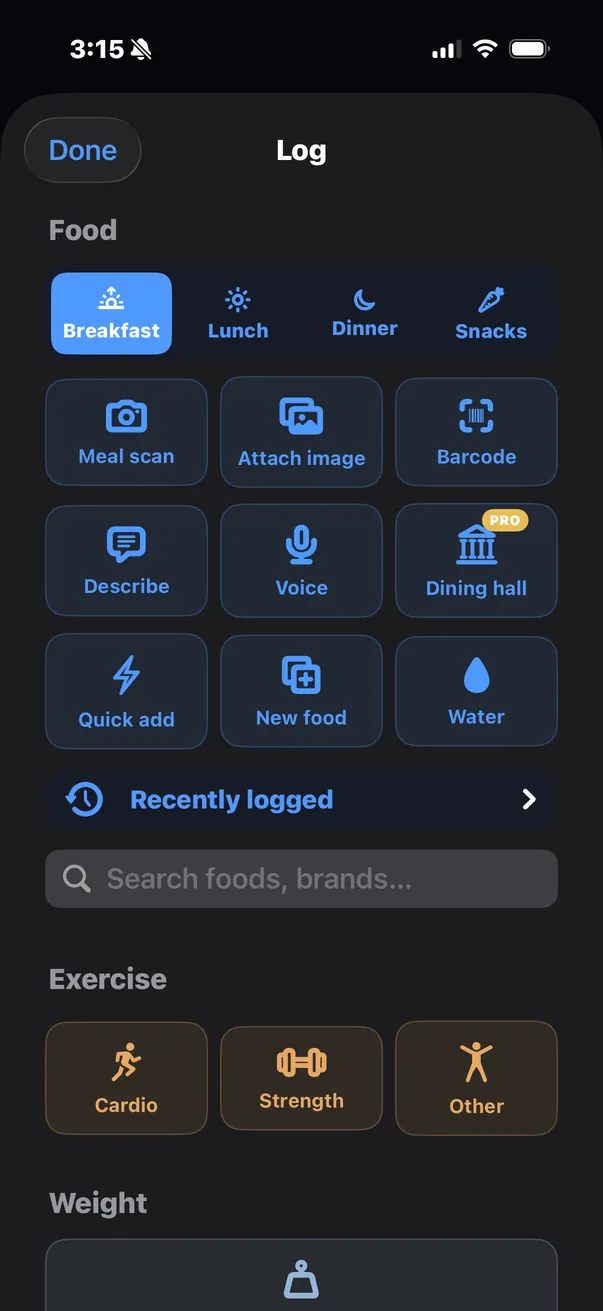 Log sheet: meal scan, attach image, barcode, describe, voice, dining hall, quick add, new food, water, exercise, weight