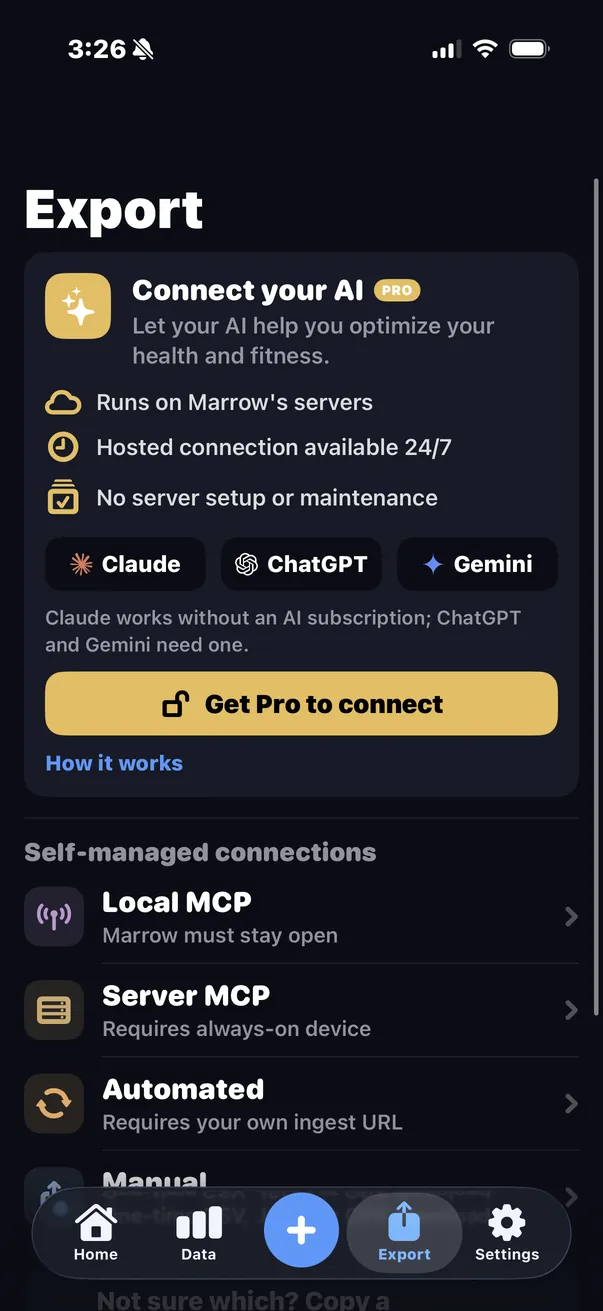 Export: Connect your AI (Pro) and the self-managed connections: Local MCP, Server MCP, Automated, Manual